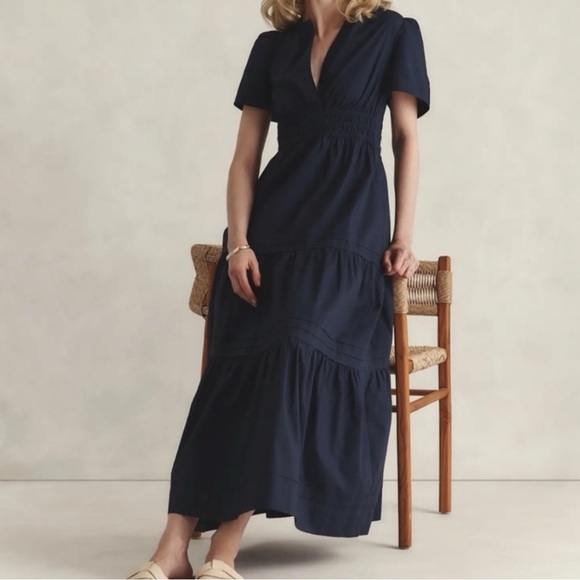 NWT Quince 100% Organic Cotton Poplin Tiered Maxi Dress Navy Blue - Picture 2 of 13